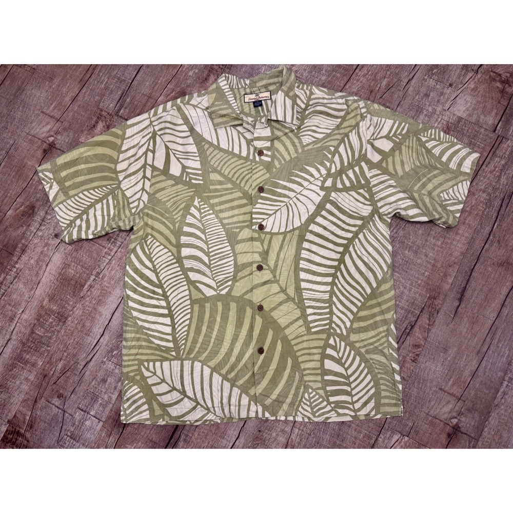 Tommy Bahama Relax Mens Medium Green Silk Tropical Leaf Jacquard Camp Shirt